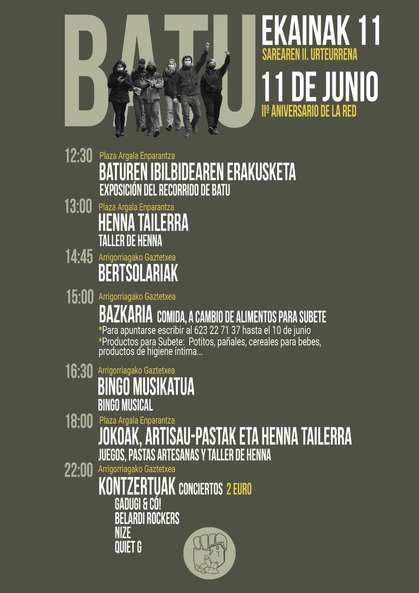 Batuk 2 urte beteko ditu. Hori ospatzeko hainbat ekintza antolatu ditugu hurrengo larunbatean, ekainak 11, Arrigorriagan. 

Animatu 2 urte hauetako borrokak eta lorpenak ospatzera! 

Elkarrekin indartsuagoak garelako, eta asko ospatzeko daukagulako. Bertan ikusiko dugu elkar!