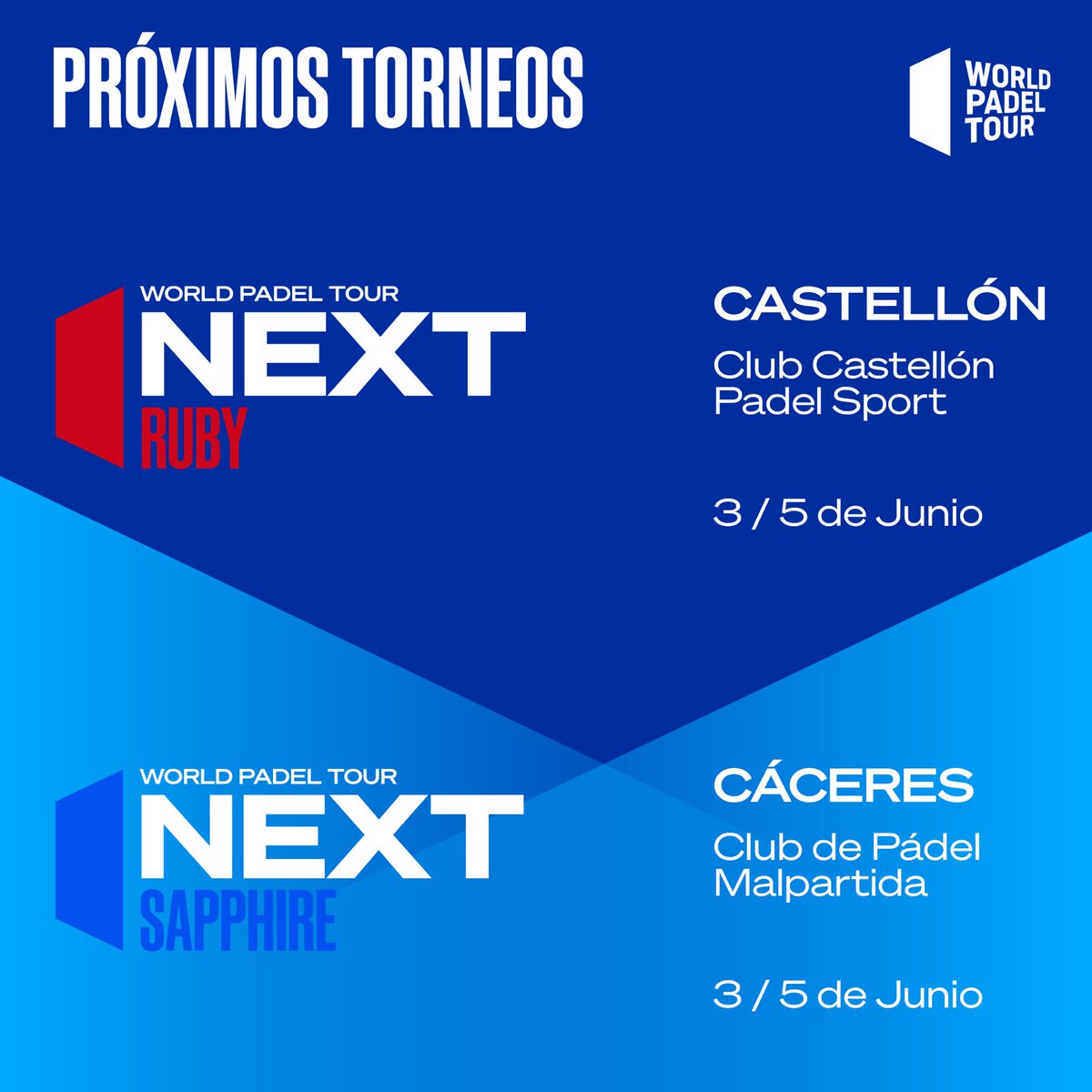 WPT_Next's tweet photo. 🎬 ¡Acción!
👊 ¡Las dos primeras pruebas #WPTNext💎 ya están en marcha!
👉 #WPTNextRuby❤️
📍Castellón 🌟 @PadelCV
ℹ️ > https://t.co/KtkvpUEpIO
👉 #WPTNextSapphire💙
📍 Cáceres 🌟 @fexpadel
ℹ️ > https://t.co/BsYDzwe0Uw https://t.co/zZ0EYpdxNi