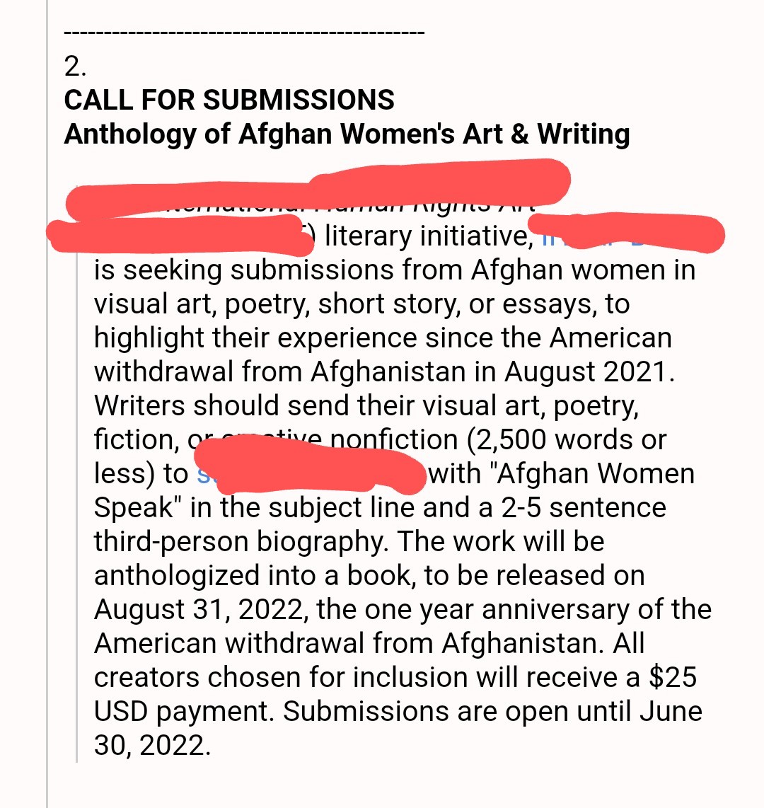 minasharif's tweet photo. A big American organization is asking Afghan women to share their stories for a book. I almost forwarded this to some women in terrible situations. Then I saw that submissions chosen, will compensate the Afghan women  $25. 

There is apparently, no limit to the disrespect. https://t.co/HuLl0G2QQd