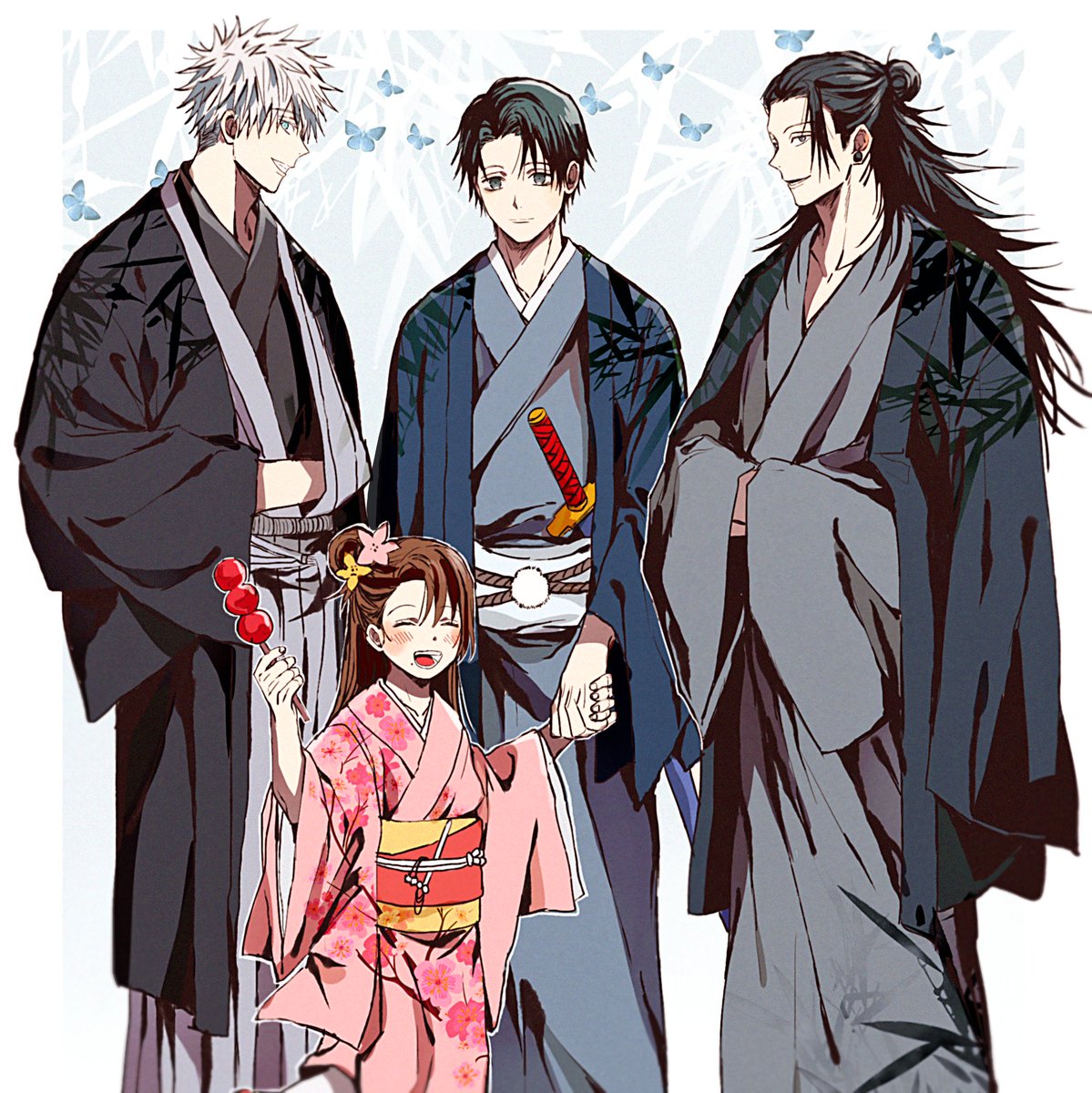 getou suguru ,gojou satoru kimono 1girl japanese clothes multiple boys black hair food white hair  illustration images