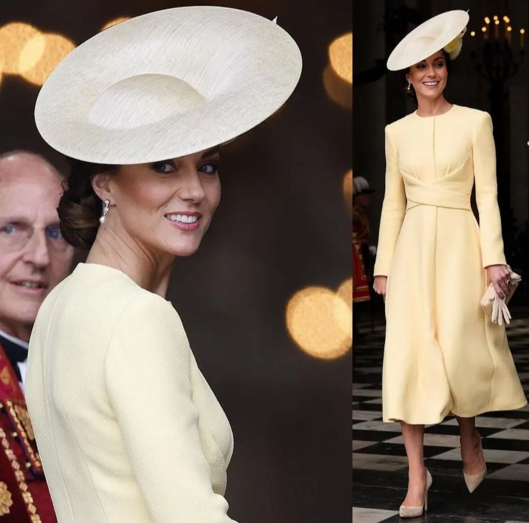 colourandimage's tweet photo. The Duchess of Cambridge looked chic in her Emilia Wickstead buttermilk yellow dress, leaving the amazing hat to make the statement. #Jubilee #DuchessofCambridge #personalstylist #Cork #Academy #stylingthenation https://t.co/JT2ymwPqan
