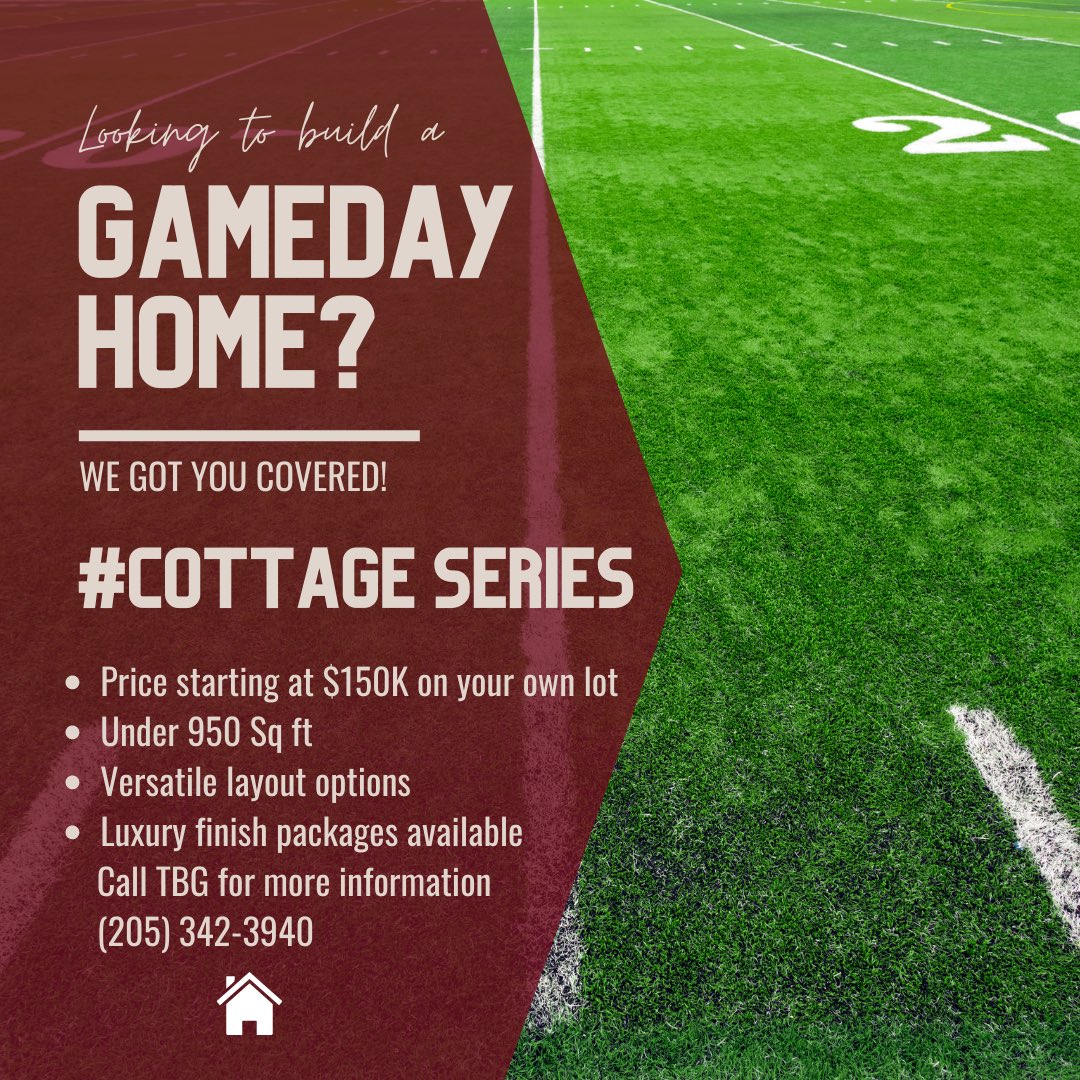 Builders_Group's tweet image. 🏈 Let’s make a game plan! Call us today!
•
#cottageseries #gameday #gamedayhome #homebuilder #alabama #alabamafootball #homebuilding #tuscaloosa