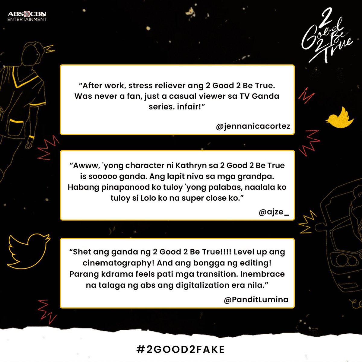 2G2BTabscbn's tweet photo. Hindi lahat ng hinala 22o! Sa Monday ulit mga ka-TRUEpa! #2Good2Fake

2 Good 2 Be True, 8:40pm pagkatapos ng FPJ’s Ang Probinsyano sa Kapamilya Channel, Kapamilya Online Live, Jeepney TV, TFC, A2Z Channel 11, at TV5.

NOW streaming on Netflix and iWantTFC. #RGEUnit #KathNiel https://t.co/YvxspGw9Dw