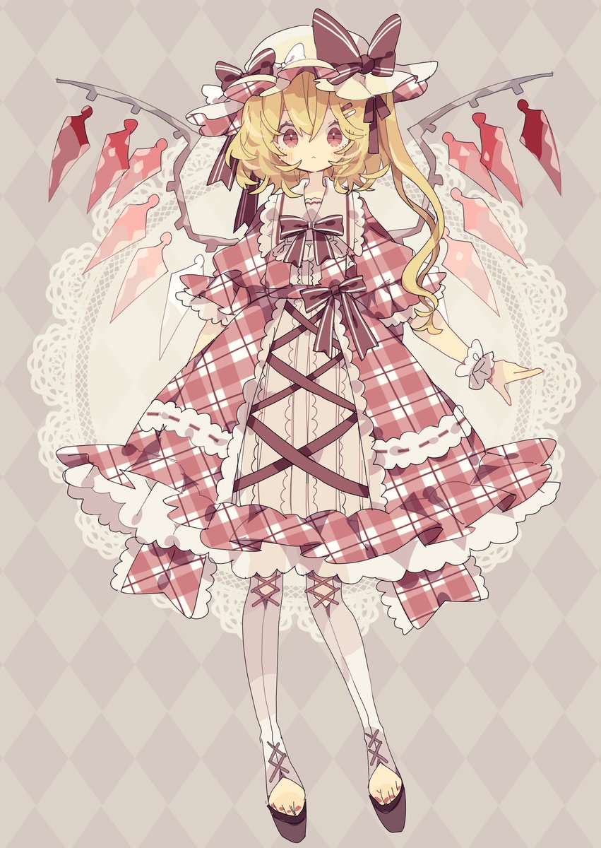 flandre scarlet 1girl solo blonde hair hat wings dress full body  illustration images