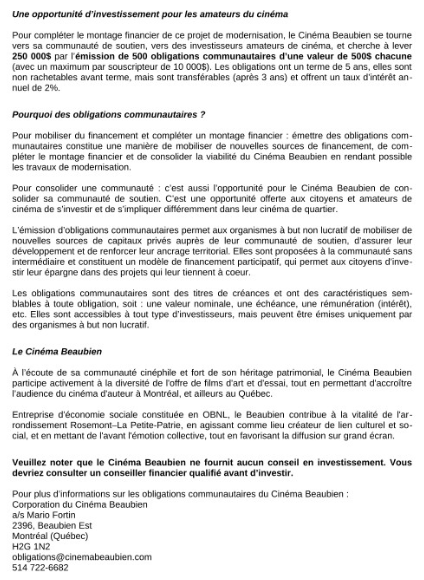 Le Cinéma Beaubien lance sa première campagne d'obligations communautaires ! 🙏 
Objectif, lever 250 000$ entre le 1er et le 30 juin 2022, afin d'amorcer une série de travaux de modernisation. 💰 

👉 Pour plus d'informations et pour investir : cinemabeaubien.com/fr/obligations…