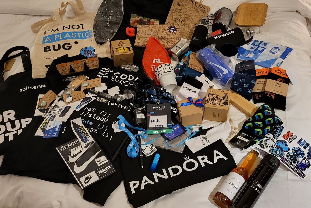 MishManners's tweet photo. Three days of #CodeEurope22 SWAG + @js13kGames merch from @end3r ๐ฅฐ
Sorry @FrancescoCiull4, but I win the SWAG game ๐คฃ AND I managed to fit ALL of it in my luggage! https://t.co/OLbwqMxAZh