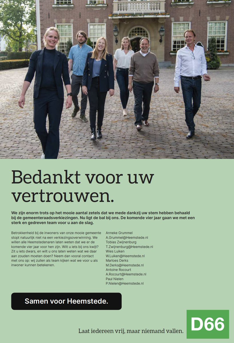 D66Heemstede's tweet photo. Bedankt voor uw vertrouwen! We zijn enorm trots op het mooie aantal zetels dat we mede dankzij uw stem hebben behaald bij de #gemeenteraadsverkiezingen. Nu ligt de bal bij ons. De komende vier jaar gaan we met ons sterk en gedreven team voor u aan de slag. https://t.co/D9GFH7lmZY