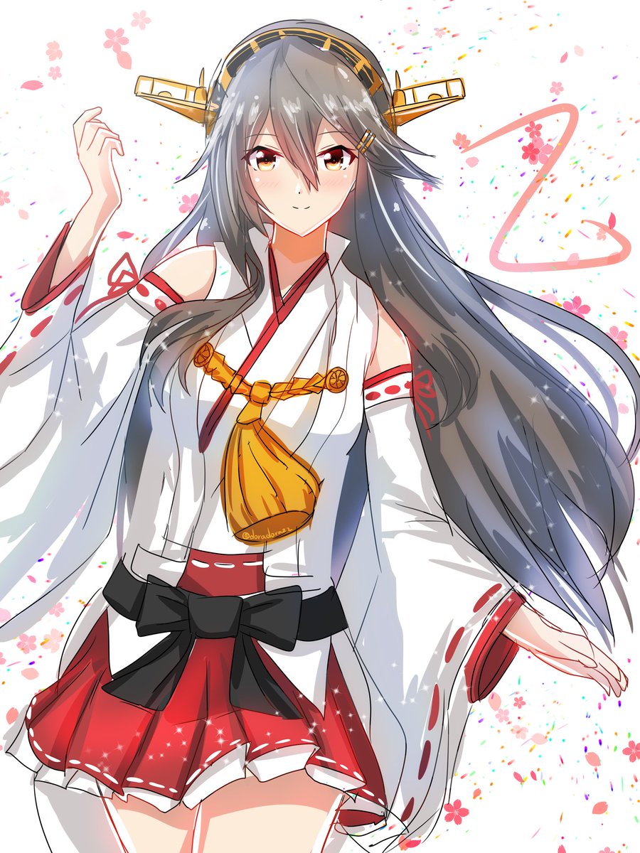 haruna (kancolle) 1girl long hair solo headgear detached sleeves skirt ribbon trim  illustration images
