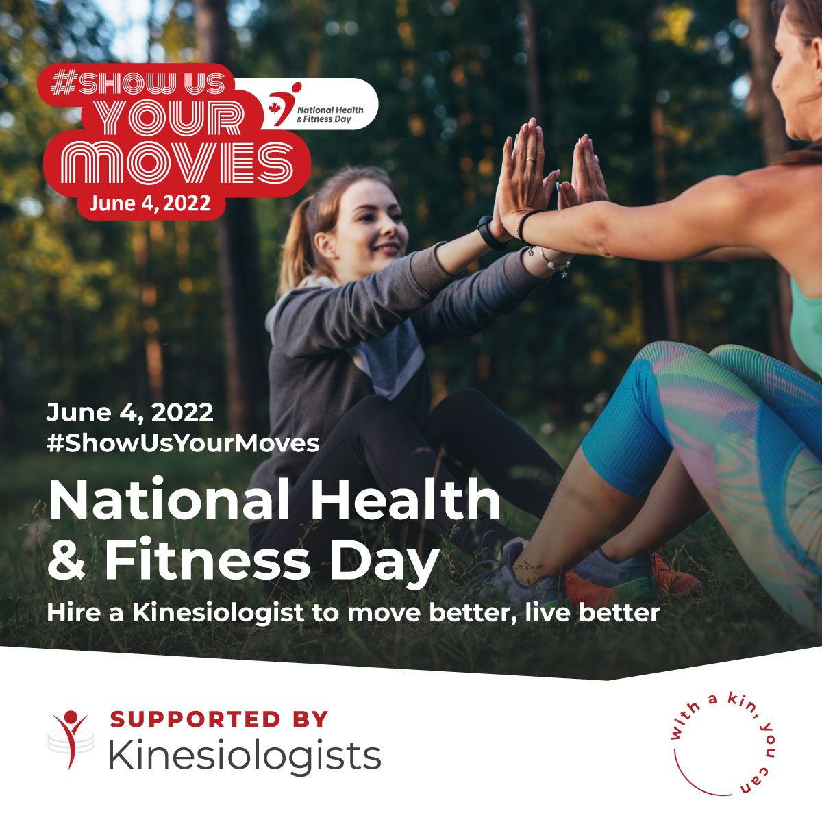 Join us tomorrow to #MoveBetterLiveBetter on National Health and Fitness Day!

#NHFD2022 #AskAKin #Kinesiology #MoveYourBody #HealthAndFitness #CKA