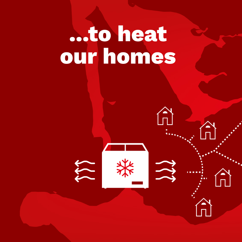 Danfoss's tweet photo. Use the same energy twice: Cooling creates excess heat, so we can use the excess heat from supermarket freezers to heat buildings. It’s just one of the sector integration solutions we’re excited to showcase at the 2022 IEA conference.