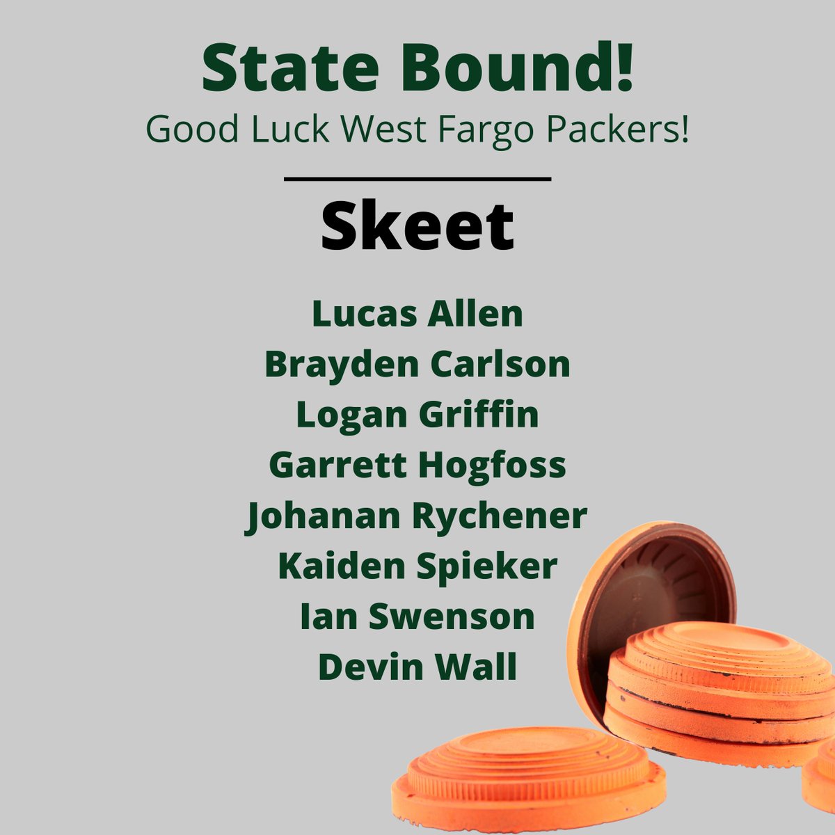 WFHSTrapTeam's tweet photo. Good luck to all the Packers that will be competing at the North Dakota High School Clay Target League State Tournament the weekend of June 18th.   💚🤍🥏🤍💚

#StateBound #NothingButDust #StateBound2022 #WestFargoPackers https://t.co/doucUjz77l