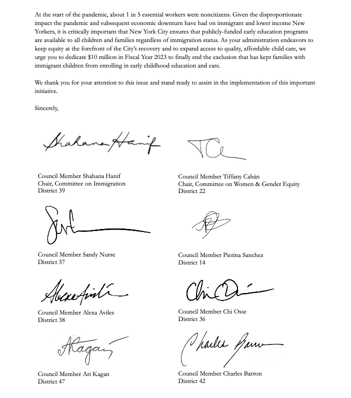 CabanD22's tweet photo. The #CareForAllFamilies campaign launched just last week but the urgency &amp; clarity of our demand has quickly led to a MAJORITY of City Council support. Check out our letter to @NYCMayor urging action to expand access to early childhood education &amp; care to all: (1/2) https://t.co/pNjVeatWk2
