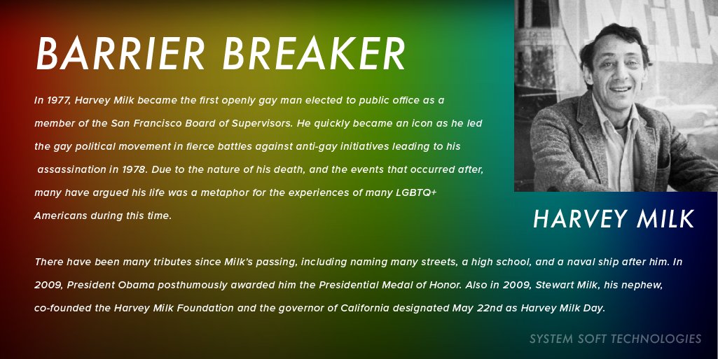 SystemSoft_Tech's tweet photo. Harvey Milk broke became the first openly gay man elected to public office as a member of the San Francisco Board of Supervisor. Milk led political movements and fought against anti-gay initiatives.

#PrideMonth #SystemSoftPride https://t.co/nmfqJq3l6o