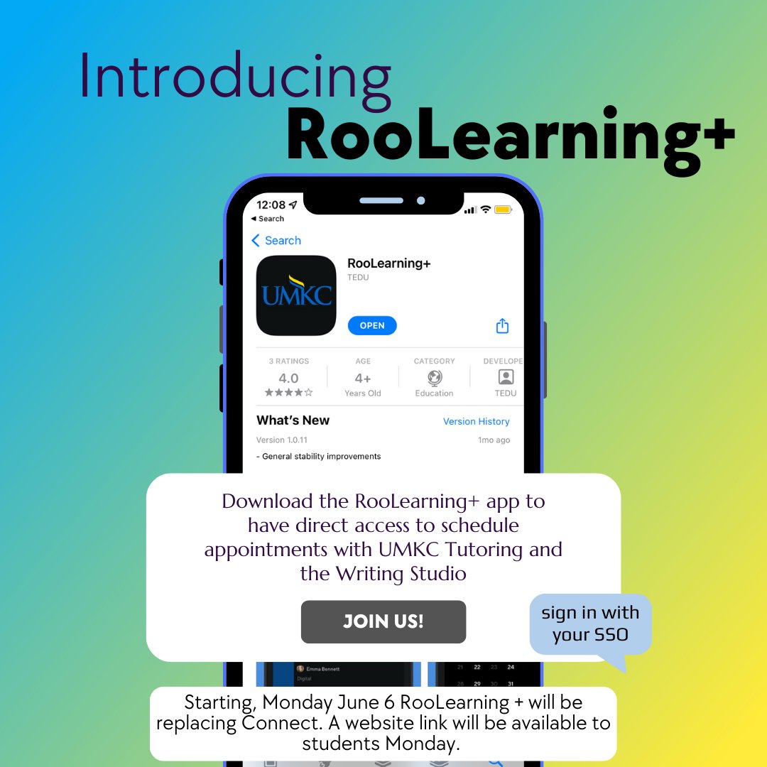 UMKC_ASM's tweet photo. RooLearning+ will be replacing the scheduling process that's usually held through Connect. Downloading the FREE app will allow students to make appointments and schedule consultations. Please reach out with any questions related to the new process in appointment making! https://t.co/EPy3uEz2kj