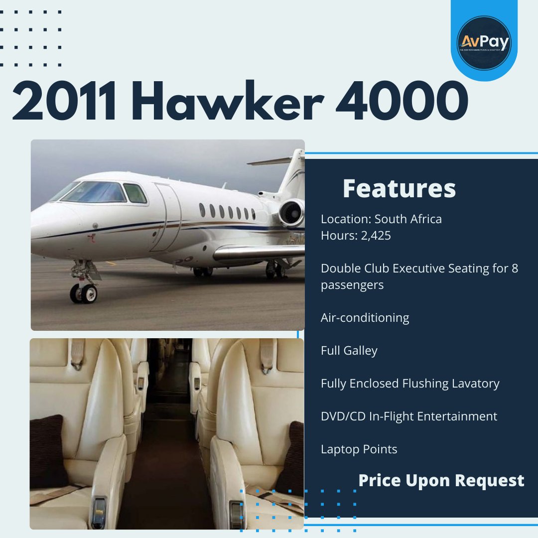 Full details at avpay.aero/company/next-a… 

#hawker #hawker4000 #privatejet #privatejets #airplane #aircraftsales #aircraftforsale #avpay #aircraft #pilots