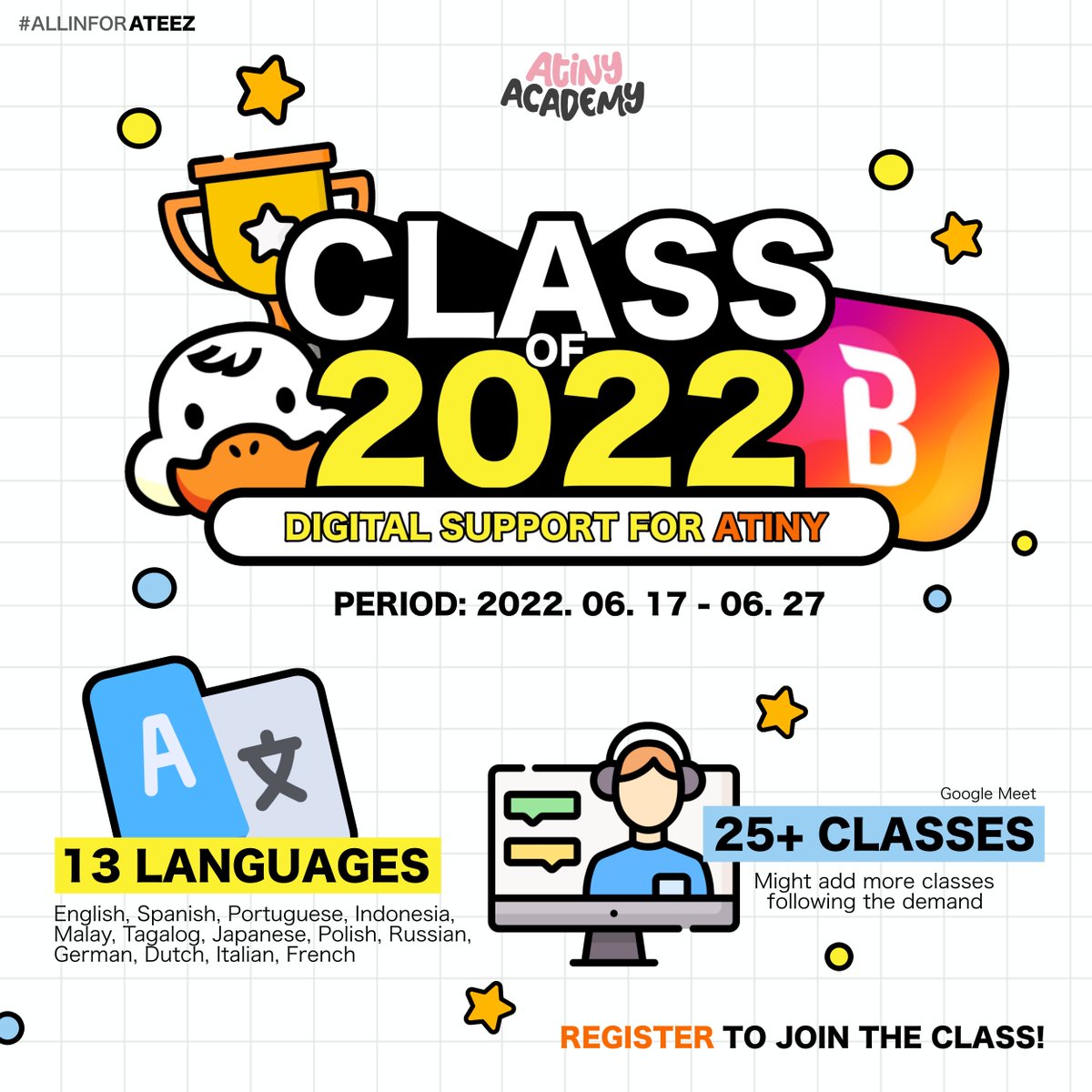 AtinyAcademy's tweet photo. CLASS OF 2022: 
Digital Support for #ATINY 📚⭐️

In preparation of #ATEEZ upcoming comeback, you're invited to join our online class to learn and discuss about Digital Sales, K-Chart and next comeback preparation together.

#ALLINFORATEEZ #에이티즈 @ATEEZofficial https://t.co/HpDC8ZL56a
