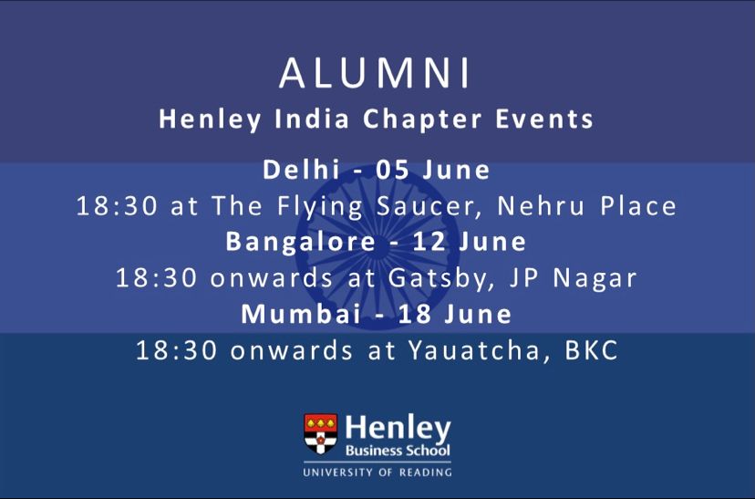 HenleyBSchool's tweet photo. Our @thehenleyalumni chapter in India have a packed scheduled coming up this month and have organised events in Delhi, Bangalore and Mumbai. To RSVP email alumni@henley.ac.uk #IgniteYourNetwork https://t.co/hEd9z25egO