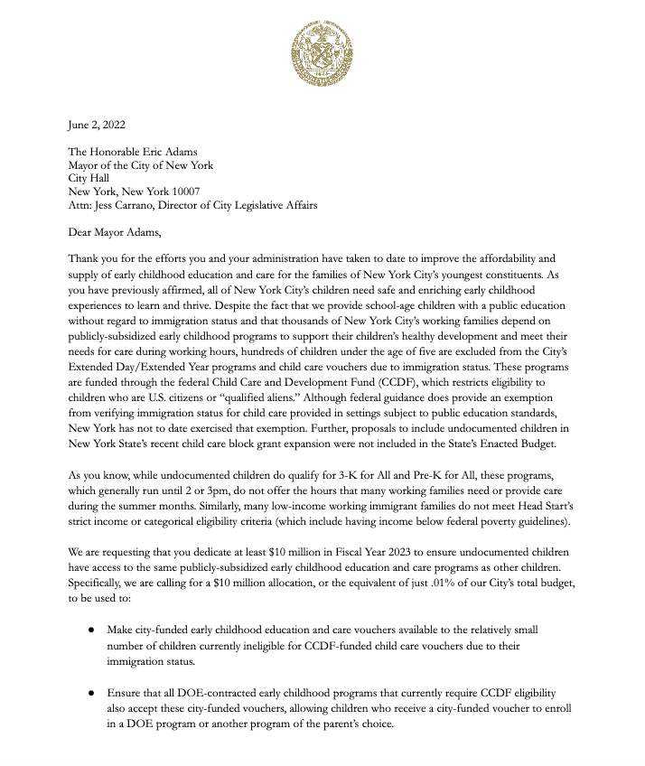 CabanD22's tweet photo. The #CareForAllFamilies campaign launched just last week but the urgency &amp; clarity of our demand has quickly led to a MAJORITY of City Council support. Check out our letter to @NYCMayor urging action to expand access to early childhood education &amp; care to all: (1/2) https://t.co/pNjVeatWk2