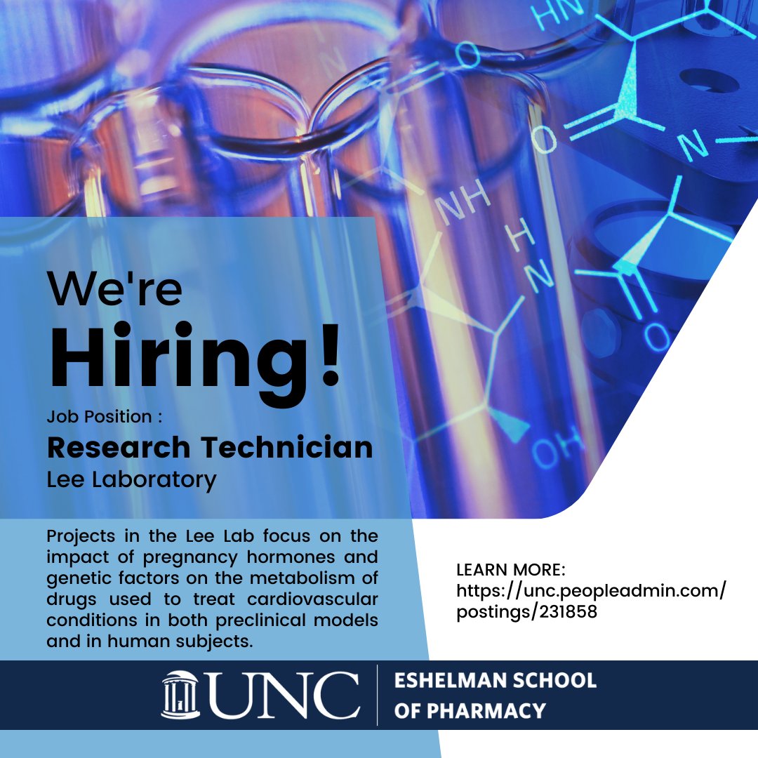 Please retweet! The Lee Laboratory is looking for a research technician to join the team. Click the link to learn more: unc.peopleadmin.com/postings/231858 
#dpet #uncpharmacy #research
