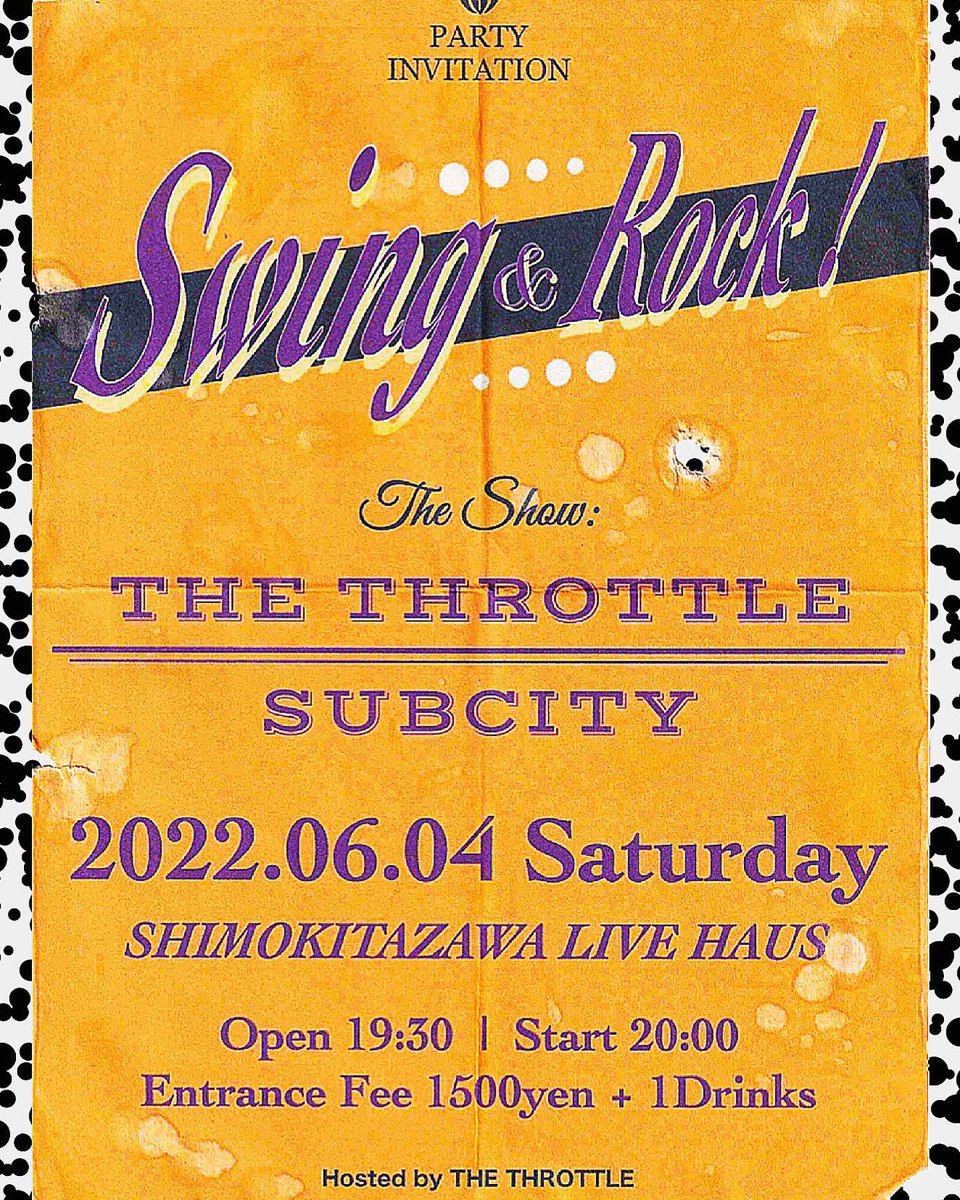 明日は久々のTHE THROTTLE企画✌️
『Swing &amp; Rock！』を開催致します🕺🕴💃🏼
subcityも最高で俺らも最高だから超絶最高の夜になります。

明日の夜はお時間下さい🤲

2022/6/4(Sat)
下北沢LIVE HAUS
Open 19:30 | Start 20:00
Entrance Fee ¥1,500
［Ticket Reserve]　
69thethrottle@gmail.com
or DM