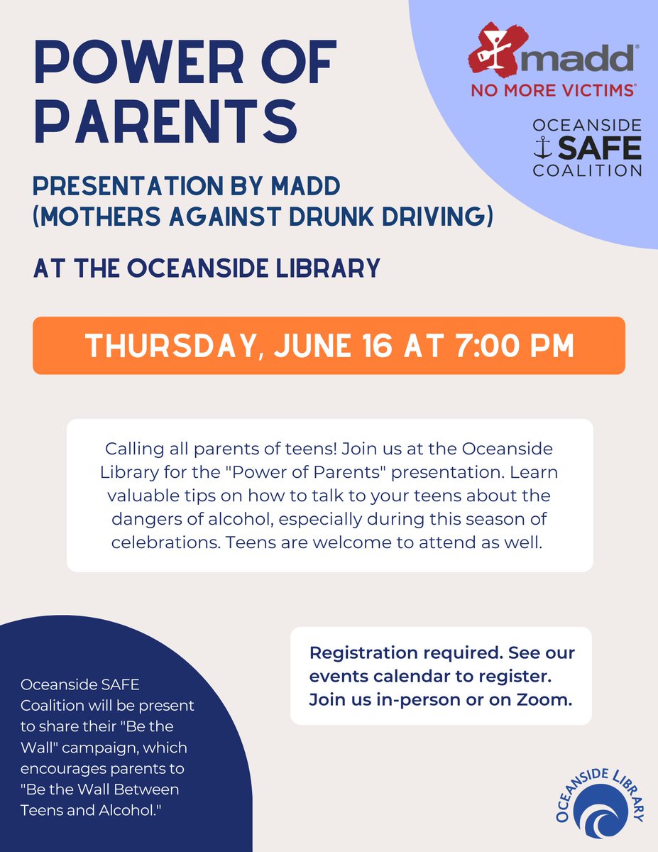 OceansideSafe's tweet image. Attention Parents! Don&apos;t miss this supportive and eye opening presentation from #MADD brought to you in partnership by #OceansideLibrary and #OceansideSAFE. This event will be in person, but will have a hybrid option for virtual viewing. oceansidesafe.org for more details.