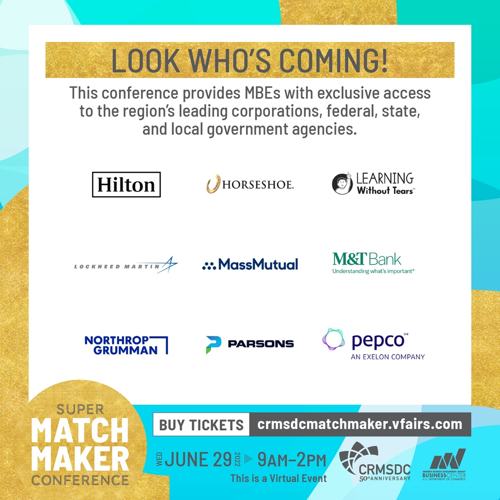 CRMSDC's tweet photo. Look Who’s Coming to CRMSDC’s 2022 Virtual Super Matchmaker Conference! Get exclusive access to corporations and government agencies on Wednesday, June 29. You don’t want to miss it! https://t.co/Qcji28w5QK

#CRMSDC #BusinessDevelopment #MinorityBusiness #SupplierDiversity https://t.co/dwTpdj2444