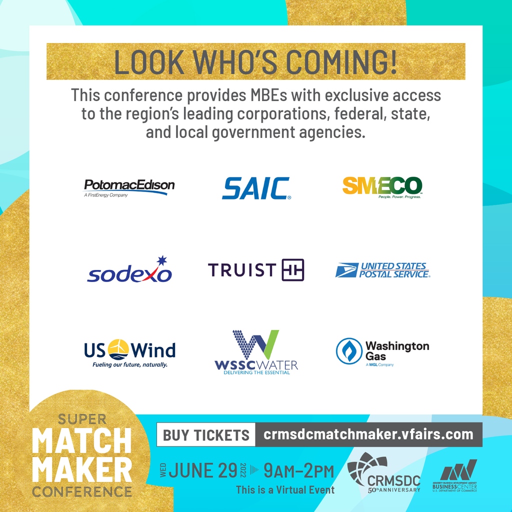 CRMSDC's tweet photo. Look Who’s Coming to CRMSDC’s 2022 Virtual Super Matchmaker Conference! Get exclusive access to corporations and government agencies on Wednesday, June 29. You don’t want to miss it! https://t.co/Qcji28w5QK

#CRMSDC #BusinessDevelopment #MinorityBusiness #SupplierDiversity https://t.co/dwTpdj2444