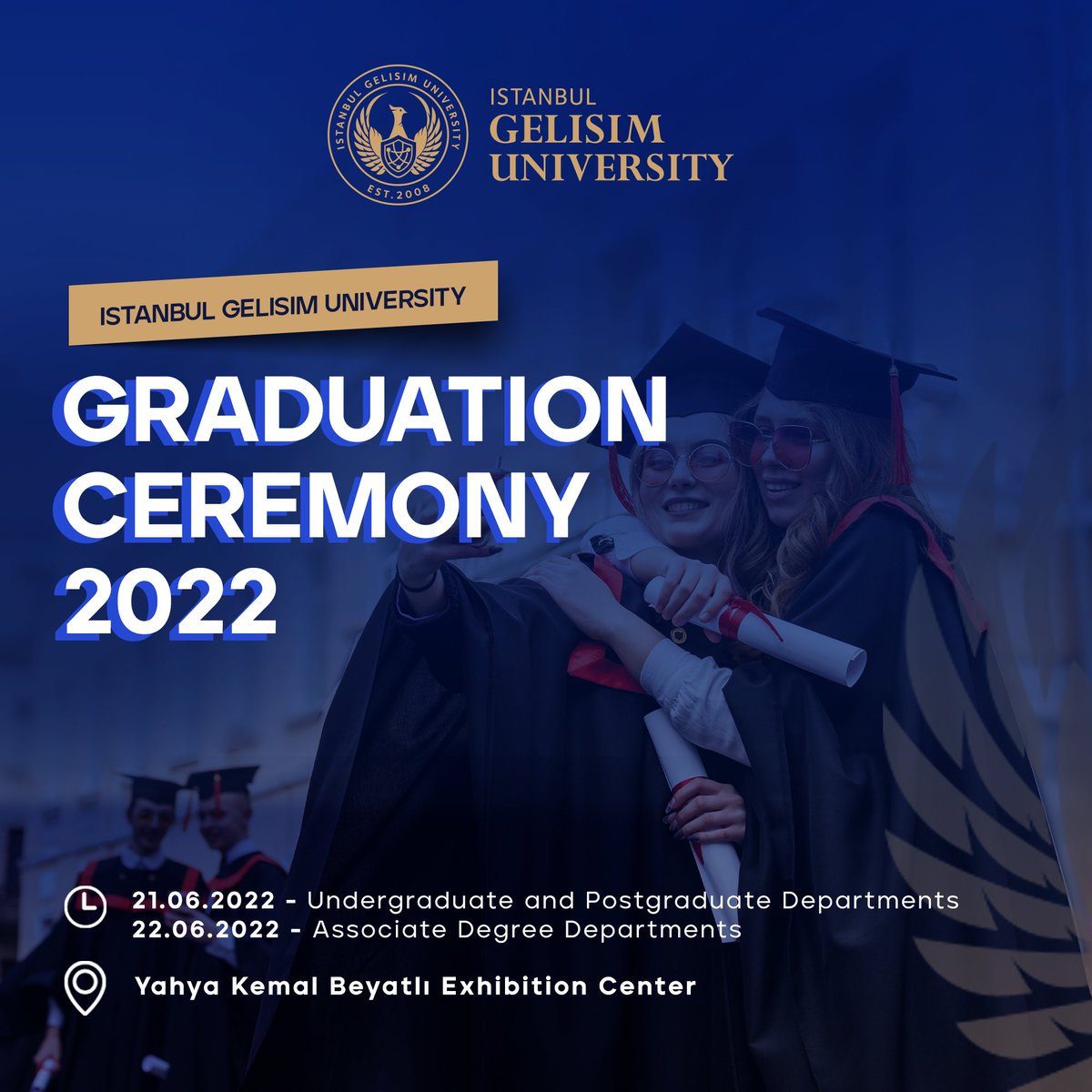 #İGÜ2022 Mezunları beklenen gün yaklaşıyor!🤩

21 - 22 Haziran’da Yahya Kemal Beyatlı Gösteri Merkezi’nde hep birlikte keplerimizi atacağız 🎓

Mezuniyet Programı ve detaylı bilgi için takipte kalın 🥳

#İGÜMezuniyet22 #İstanbulGelişimÜniversitesi
