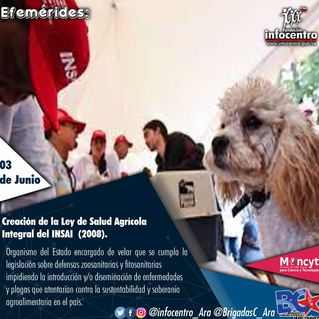 infocentro_Ara's tweet photo. #Efemerides en 2008 tal día como hoy, se crea la Ley de Salud Agrícola Integral y del Instituto Nacional de Salud Agrícola  Integral (INSAI)

#InfocentroEn3D
@BrigadasC_Ara 
@BrigadasCHCH 
@LuisinfoVe https://t.co/igkTNPcV4r