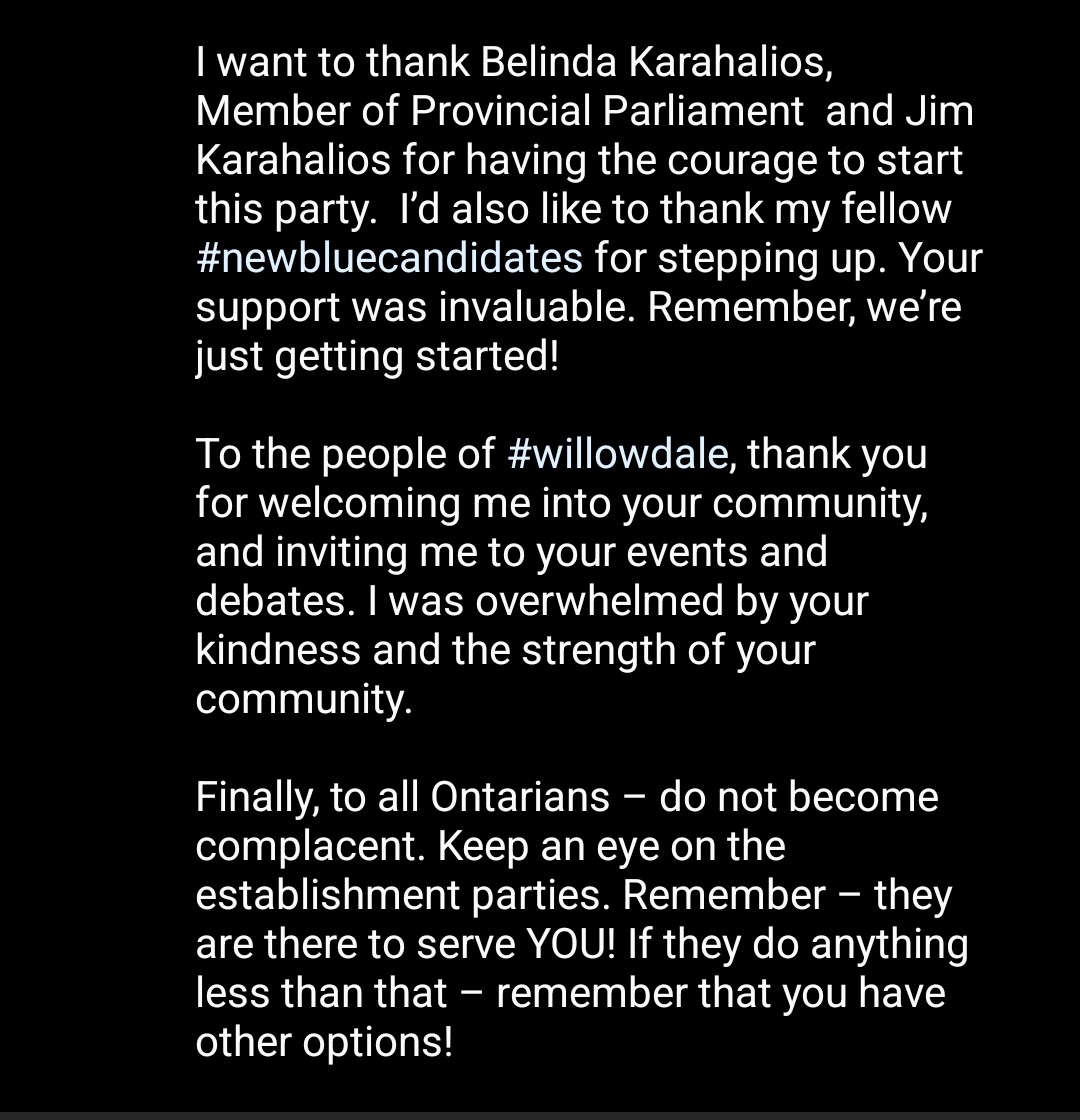 Thank you #Willowdale , @NewBlueON , and to everyone who supported us. We are here and will keep standing for this beautiful province!
#OntarioElection #NewBlueCandidates #onpoli