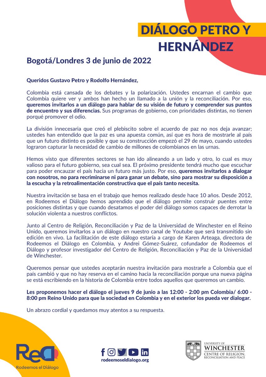 RodeemosDialogo's tweet photo. Junto con @WinchesterPeace queremos invitar a @petrogustavo e @ingrodolfohdez a un diálogo para hablar de su visión de futuro y comprender sus puntos de encuentro y sus diferencias. #DialogoPetroHernandez 
Aquí nuestra invitación👇 https://t.co/sAiclOQfwY