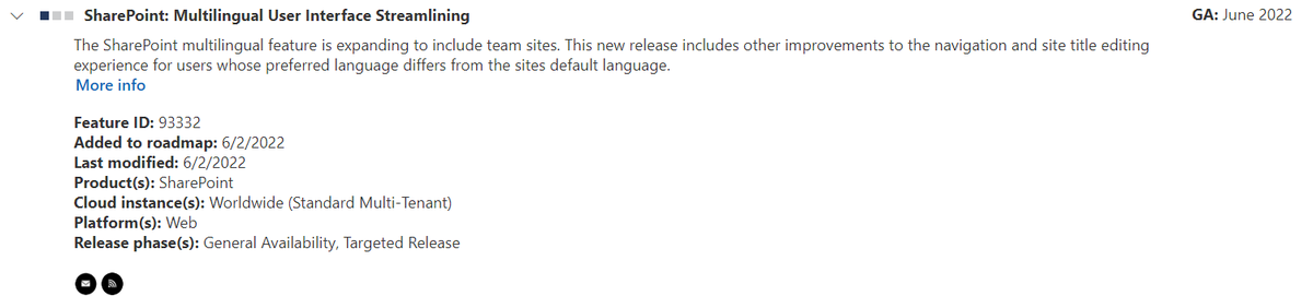 susanhanley's tweet image. Exciting news in the #SharePoint roadmap today: multilingual pages and news coming to team sites! GA: June 2022