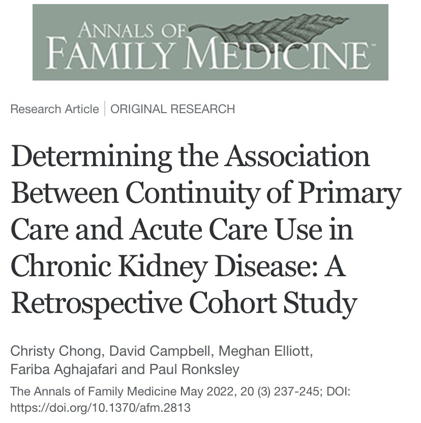 I love when specialists refer new patients to me (a PCP!). They know patients w/ chronic conditions have better outcomes with a PCP.

New study shows this: pts w/ CKD and regular primary care visits have less hospitalizations or complications from CKD.
annfammed.org/content/20/3/2…