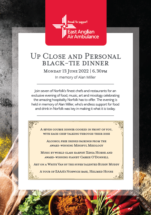 HolkhamEstate's tweet photo. An exclusive black tie event:

Join seven of Norfolk's finest chefs and mixologists for food, drink, music and fundraising for @EastAngliAirAmb.

In memory of a special colleague of ours, Alan Miller.

Please contact @charlieboychef on 01263 735980 for further details. https://t.co/jKjOoXXpbx