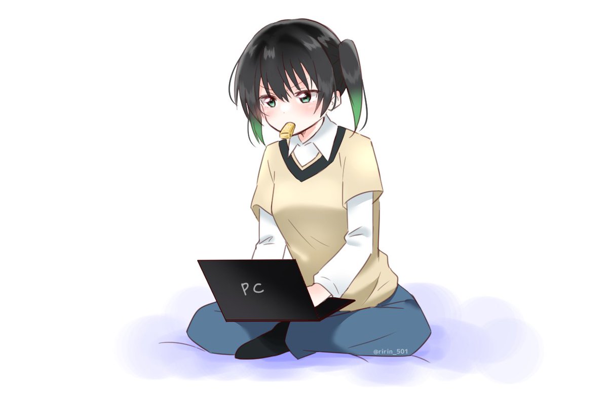 takasaki yuu 1girl laptop solo twintails black hair sitting computer  illustration images