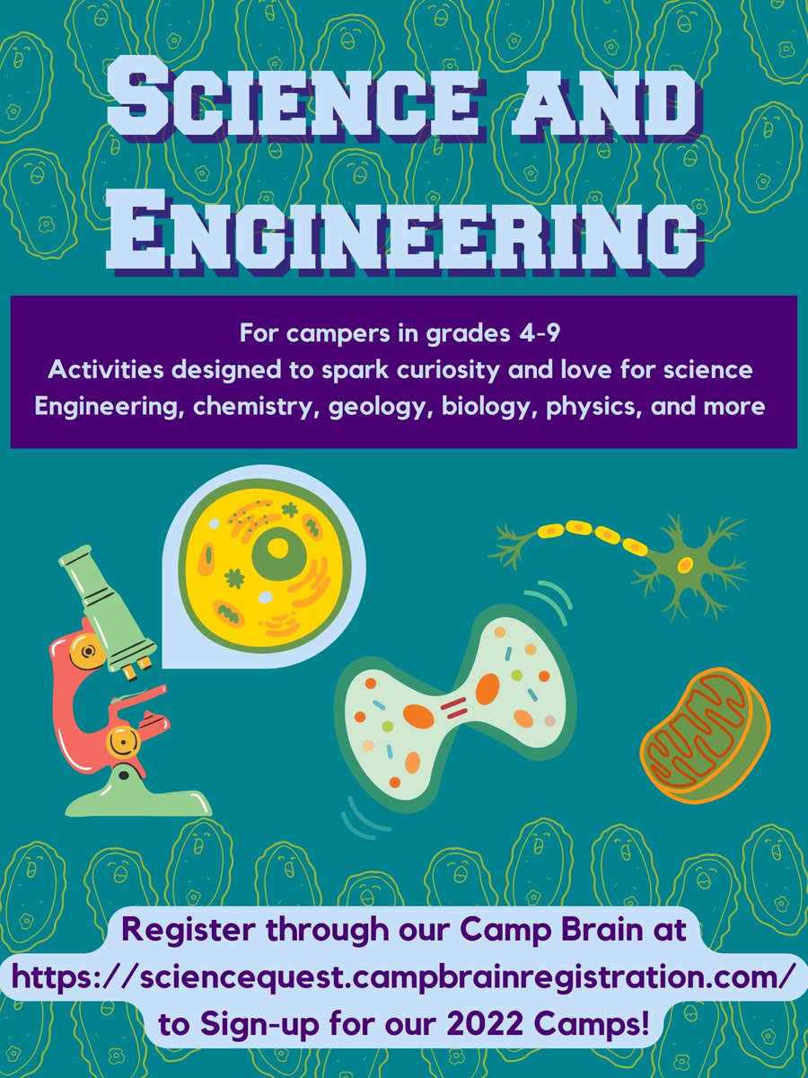 ScienceQuestQ's tweet photo. We still have plenty of spots in our Science and Engineering camps this summer! Register now for campers in grades 4-9 with activities designed to spark curiosity and love for science. Subjects include engineering, chemistry, geology, biology, physics and more! https://t.co/KkMiDCnFRb