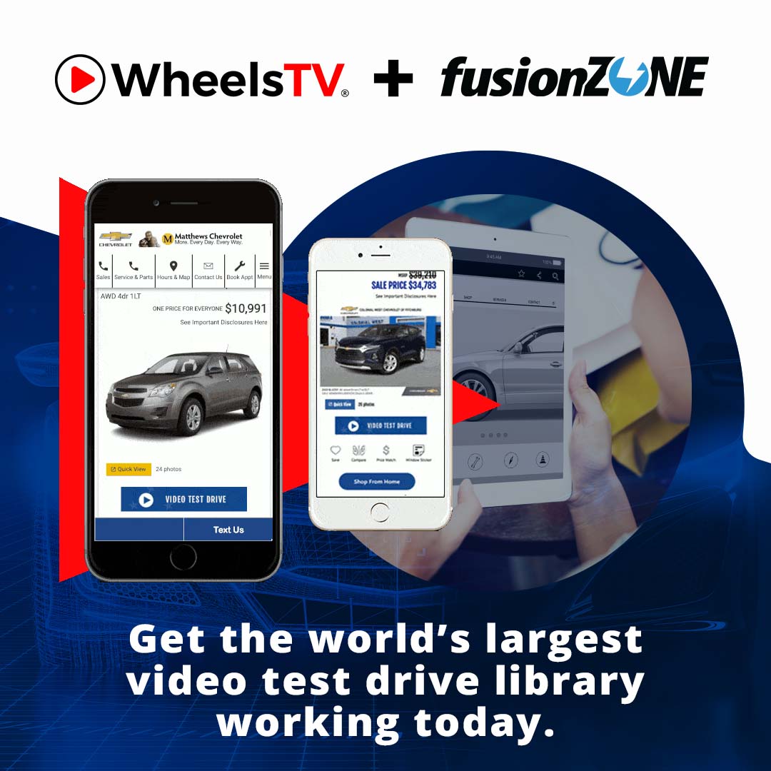 The average car buyer visits 2.3 dealerships before purchase. More and more, shoppers are shopping online.

Bring test drives and your showroom to customers where they want to shop using video marketing.

fusionZONE and WheelsTV has the answer:
fzautomotive.com/wheelstv/

#FZFridays