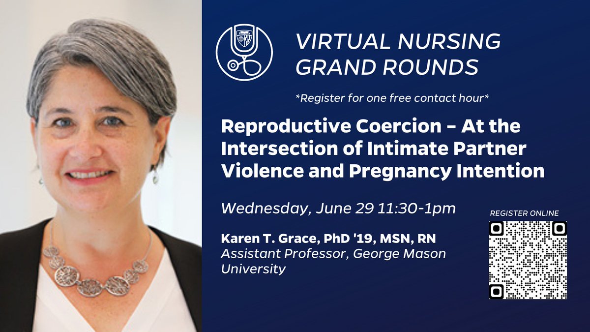 On 6/29, Dr. Karen Grace from @GeorgeMasonU will discuss reproductive coercion & #IPV at our June Virtual #Nursing Grand Rounds. All attendees are eligible to receive one free contact hour. Register online here: bit.ly/3tdaBMG