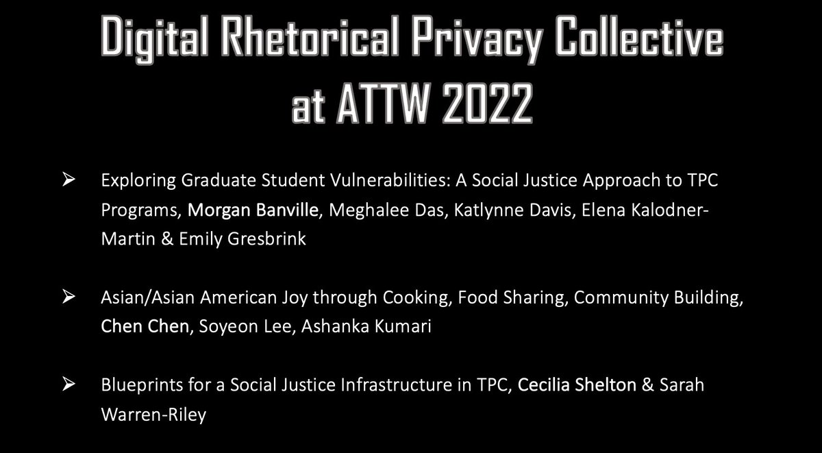 drpcollective's tweet photo. 🚨🚨Don't miss members of the @drpcollective presenting at @ATTWorg this week, including @banville_morgan, @chenchen328, &amp; @ceci_shelton!🚨🚨

ATTW Program: https://t.co/7UcueMpHOw
Join the DRPC: https://t.co/Baz1mzNsX9

#ATTW22 #womeninTC #teamrhetoric #AcademicTwitter #retweet https://t.co/N0NnLTleYk