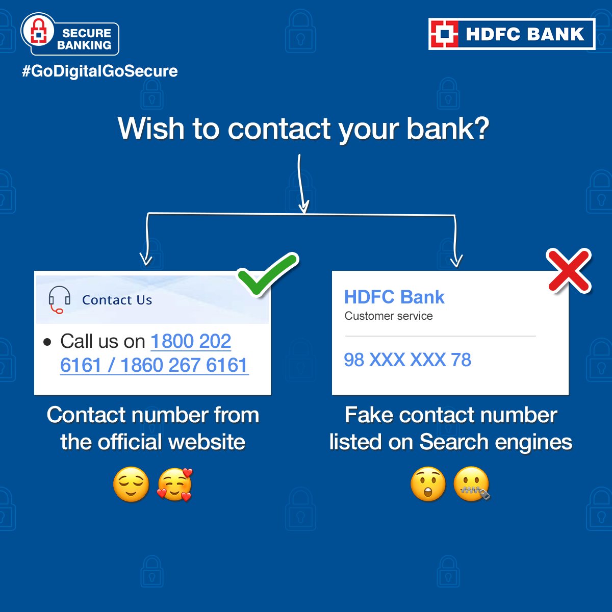 HDFC_Bank's tweet photo. #GoDigitalGoSecure Visit the bank's official website for correct contact details and remember that customer care numbers are never in the form of mobile numbers.
Visit: https://t.co/UJ16AYZqG4
#BankSafe #StaySafe #SecureBanking https://t.co/ssmUO5J0I2