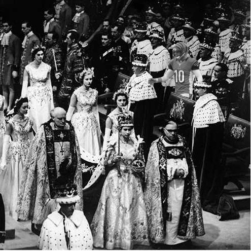 WhoDey_UK's tweet photo. We're still celebrating the platinum jubilee over here (or platty joobs as people seem to be calling it) and we've managed to get hold of a never-seen-before image from Her Maj's actual coronation in 1952.

Good to see @khuber10 - then in his rookie season - as a guest. https://t.co/vjMykDPhew