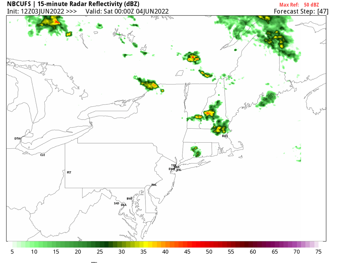 1DegreeOutside's tweet photo. Our @NBC10boston @necn Forecast System's predicted radar for 8 PM shows the new round of showers/thunder that will swing thru some communities from north to south this evening, after the sun breaks out this afternoon for many. https://t.co/thrwpzqrqQ