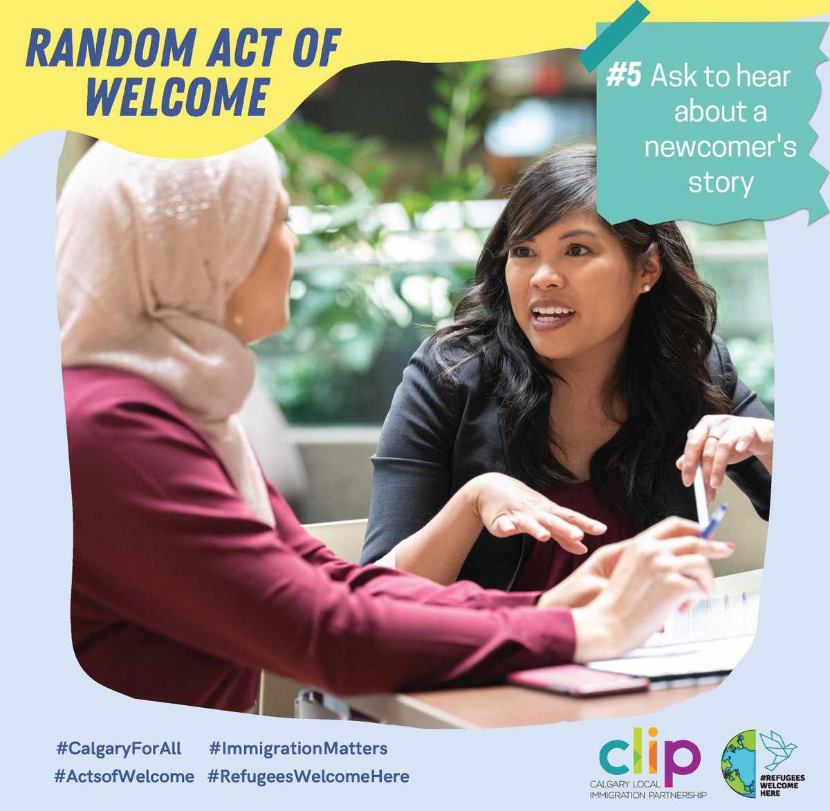 Calgarylip's tweet photo. 5⃣Ask to hear about a newcomer's story📖 #ActsofWelcome🧑🤝🧑
Learn more 👉https://t.co/KZpw3fx22t
#RefugeesWelcomeHere #CalgaryForAll #ImmigrationMatters https://t.co/QhymU0IYPR