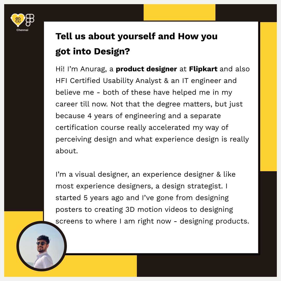 fof_chennai's tweet photo. Vanakkam Designers😀

Check out who is in our design talk Today!!

Meet our Guest Anurag Shastri, Product Designer at Flipkart. Check out this post to know more :D. 
Thanks Anurag for graciously accepting to be our guest.😇 

#designerstalk #userexperiencedesigner #designtips #st https://t.co/csapq3utxP