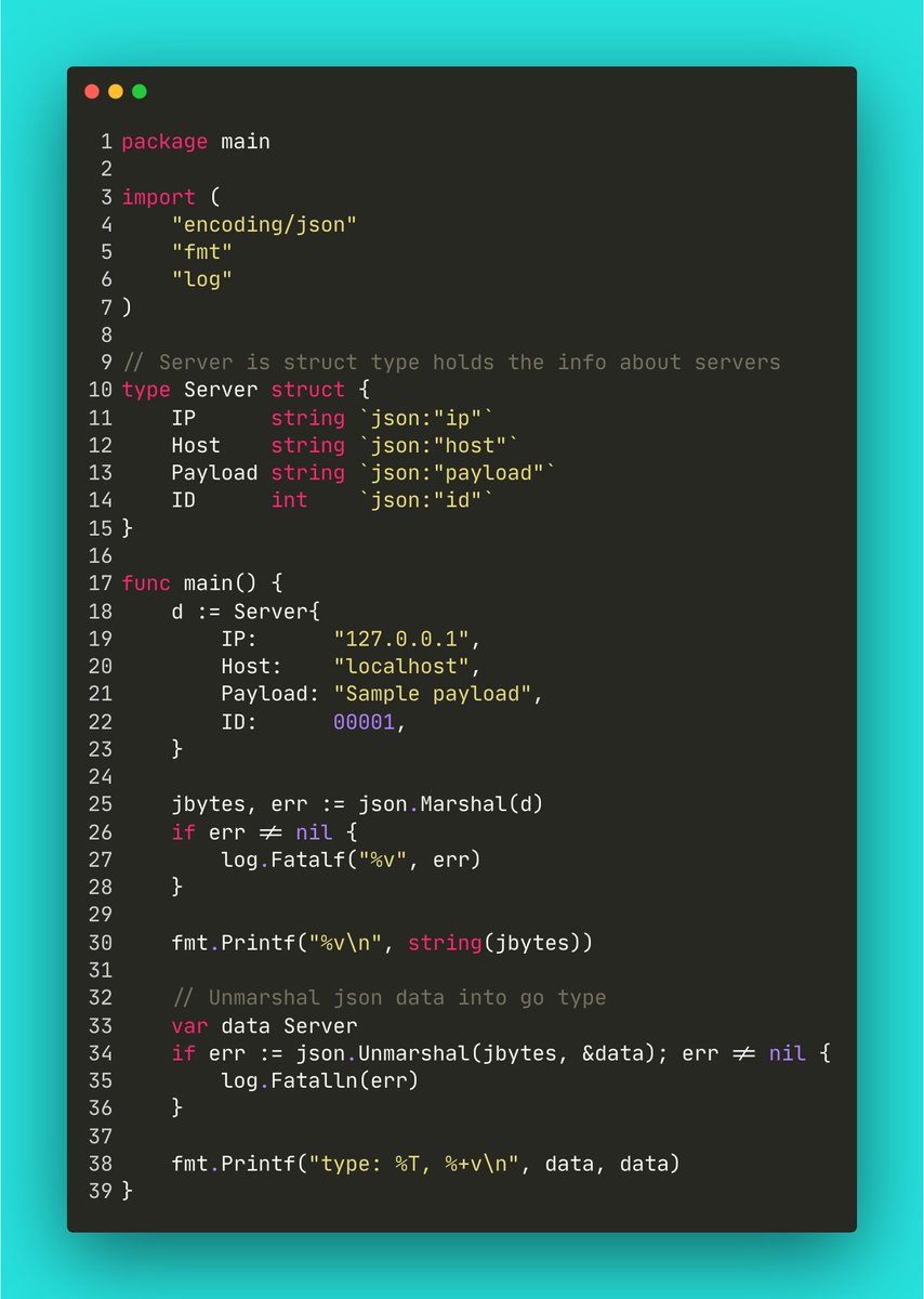 AjayMaharYT's tweet image. Did you know in few lines of code you can encode to json and decode from json to go type.
here is how.
#golang #golangtutorial #golang_tips