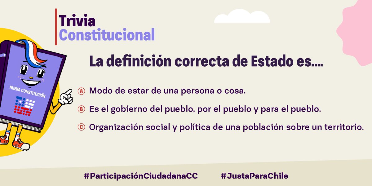 convencioncl's tweet photo. ¿Qué es Estado? 🤔

📌Te dejamos una nueva versión de la #TriviaConstitucional para que todas y todos podamos entender mejor el proceso constituyente.

¿Sabes la respuesta? 👀

¡Responde en la encuesta de abajo! 👇 https://t.co/a5FllGTqnR