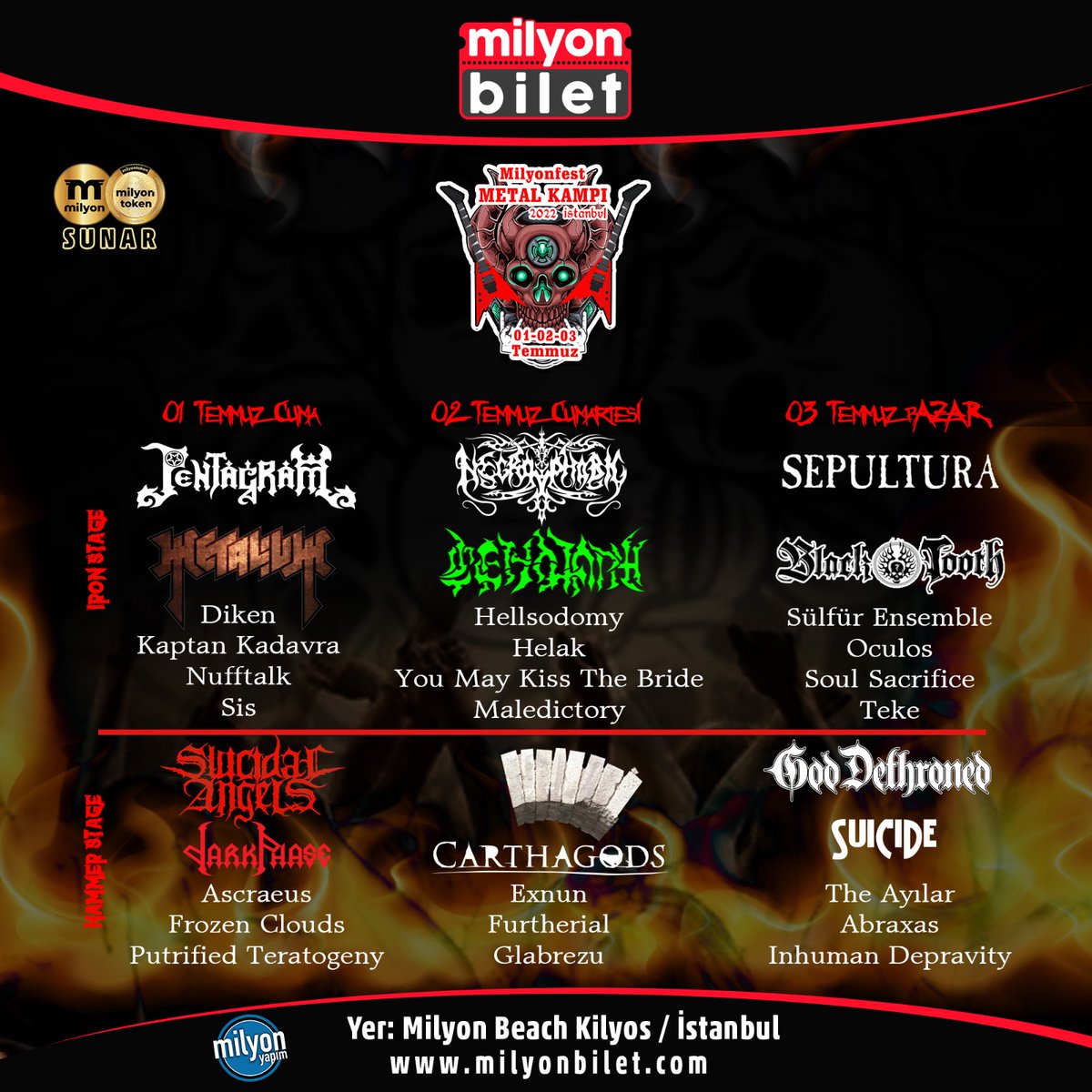Milyonfest Metal Kampı’na geri sayım başladı!🎸

Milyon Yapım organizasyonuyla gerçekleştirilecek Milyonfest Metal Kampı, 1-2-3 Temmuz tarihlerinde Milyon Beach Kilyos’ta!⛺️

Biletler milyonbilet.com | milyonbilet APP'te 📲

#MilyonYapım #MetalKampı #MilyonBilet #festival