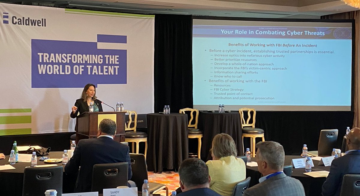 FBIColumbia's tweet photo. SAC Ferensic and SSA Starns spoke with Company CEOs and board directors at the @CaldwellSearch 2022 Board and CEO Conference. They spoke about current threats to critical infrastructure and businesses and offered actions they can take to improve their cyber security posture. https://t.co/YkXn3buQzI