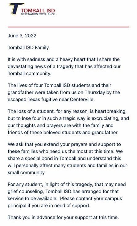 JMilesKHOU's tweet photo. .@TomballISD is grieving. This letter shared with me by a teacher (from @m_salazarzamora) says the family members allegedly killed by escaped inmate Gonzalo Lopez included four TISD students and their grandfather. Look for the latest on @KHOU. https://t.co/rjMoCooNXH #khou11 https://t.co/fIK9j75N9S