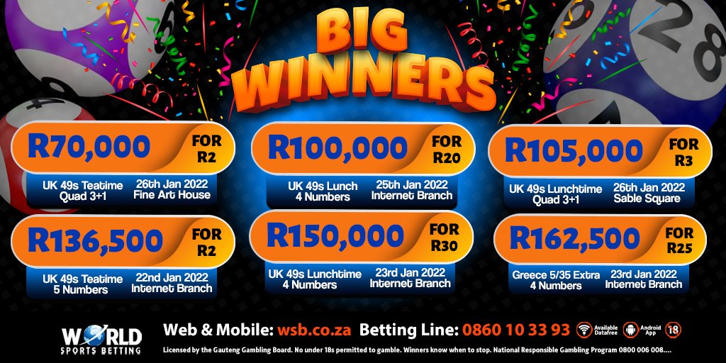 WorldSportsBet's tweet photo. Here's our latest online and in store BIG WINNERS 👏
HUGE congratulations to them all 🕺
Play Lucky Numbers #WithTheBest #BetWithWSB https://t.co/Oiq9DdJO02